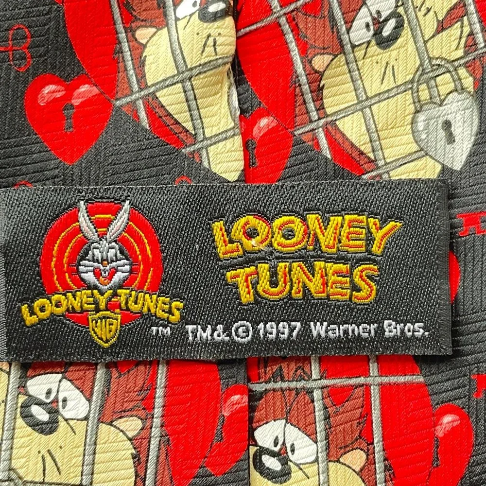 Vintage Looney Tunes Necktie Black Tasmanian Devil Love Heart Polyester Mens Tie